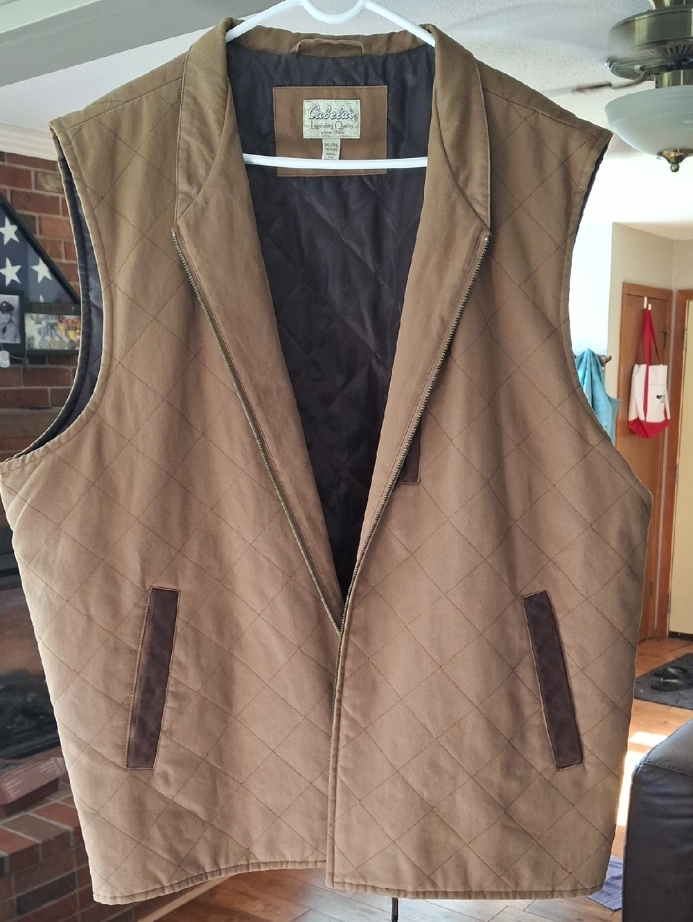 Cabela's Quilted Tan Brown Men's Vest With Leather Trim XXXL